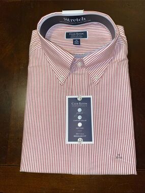 🆕 Macy’s Club Room Red & White Striped Button Down Cotton Dress Shirt